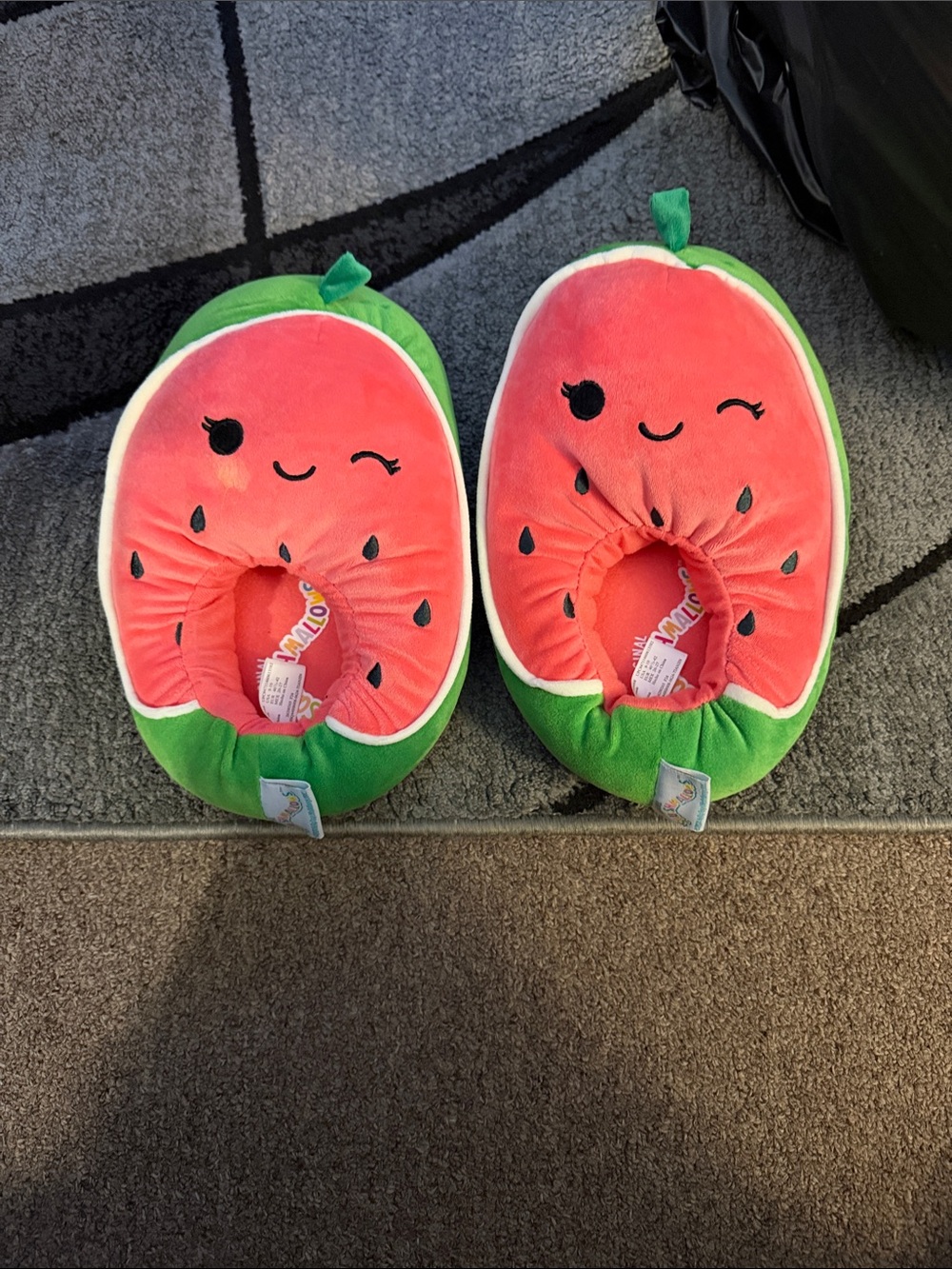 Squishmallows Kids Watermelon Plush Slip-On Slippers - Coral Pink & Green